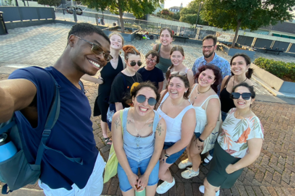 Students and faculty from the College of Design and Department of Landscape Architecture pose for a group photo beside the Mississippi River in New Orleans while attending the 2025 Design Futures Forum. Photo provided.