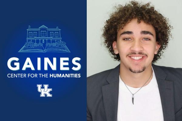 A young man with curly hair and a light beard is smiling, wearing a blazer and necklace, next to a Gaines Center for the Humanities logo and University of Kentucky symbol.