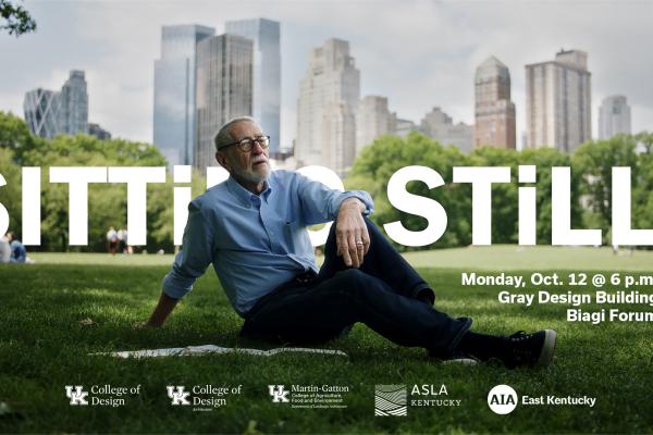Promotional graphic for the documentary Sitting Still. A person is seated on a lawn in an urban park with a city skyline in the background. Large white text displays the film title, with event details noting the screening on Monday, Oct. 12 at 6 p.m. in the Biagi Forum