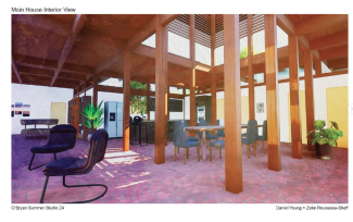 Daniel Young and his partner designed a house complex for an affluent couple in the Kentucky countryside for their studio project. This is a rendering of the main house interior..