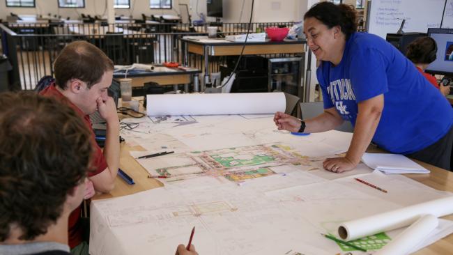 Blueprint Kentucky fellows working with Carolina Segura Bell on designs for the Trimble County project. Photo provided by Haley Simpkins.