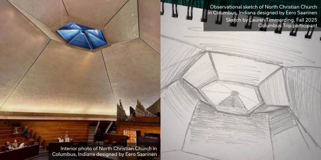 Interior of North Christian Church in Columbus, Indiana, showing a faceted concrete ceiling, blue skylight, organ, and pews in comparison to a design sketch of the space.