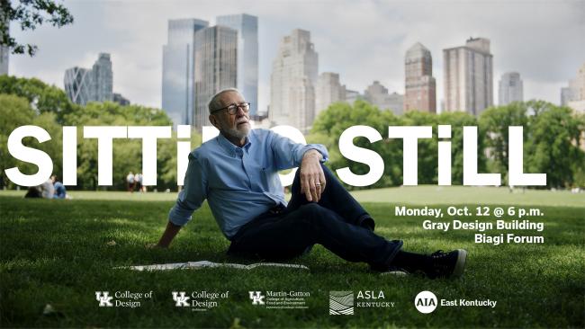 Promotional graphic for the documentary Sitting Still. A person is seated on a lawn in an urban park with a city skyline in the background. Large white text displays the film title, with event details noting the screening on Monday, Oct. 12 at 6 p.m. in the Biagi Forum